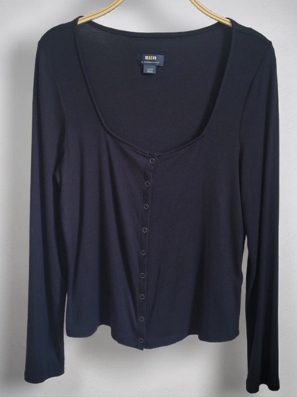 Maeve Anthropologie Black Ribbed Scoop Neck Long Sleeve Button Front Top - Large